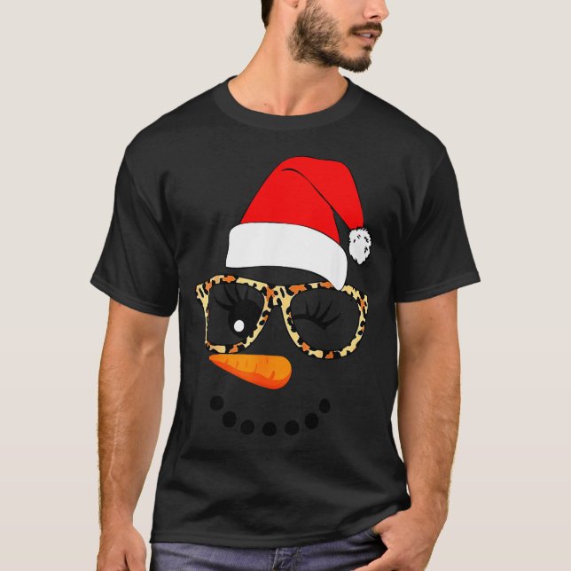 Leopard Gles Santa Claus Snowman Face Christmas Co T Shirt (Framsida)