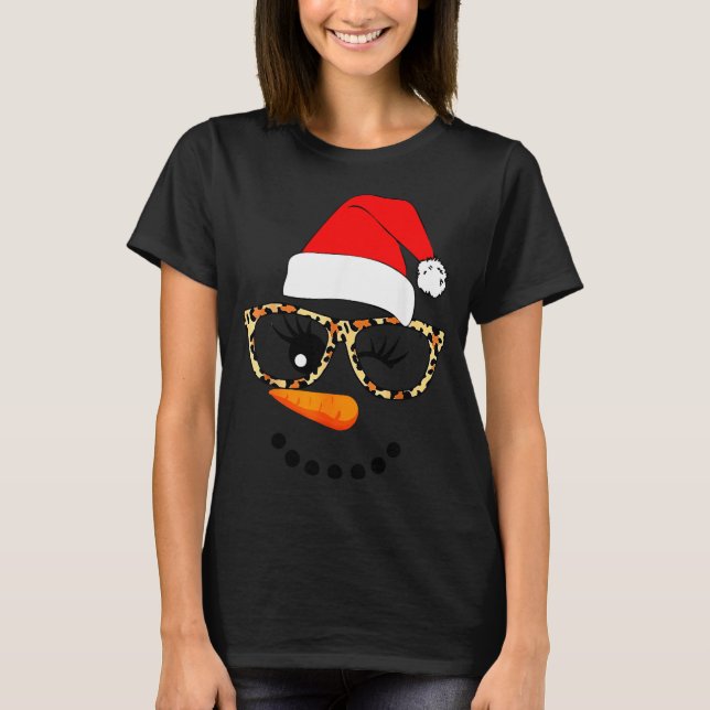 Leopard Gles Santa Claus Snowman Face Christmas Co T Shirt (Framsida)