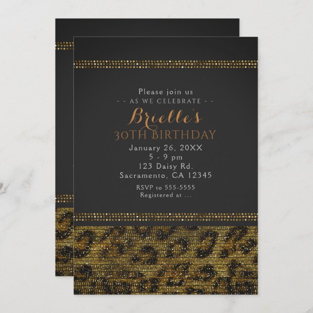 Leopard Glitter Glitter Glam Chic Festinbjudan Inbjudningar (Fram/baksida)