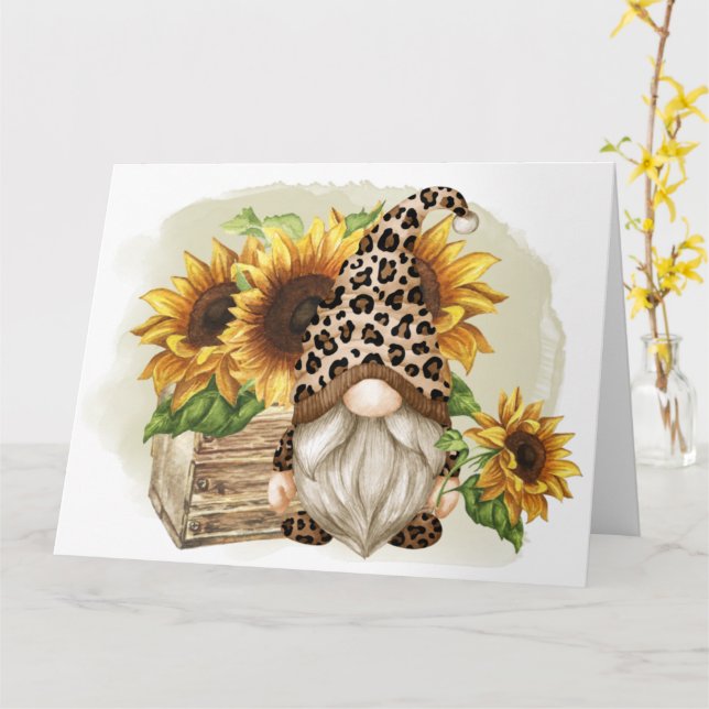 Leopard Gnome Sunblommor Kort (Gul blomma)