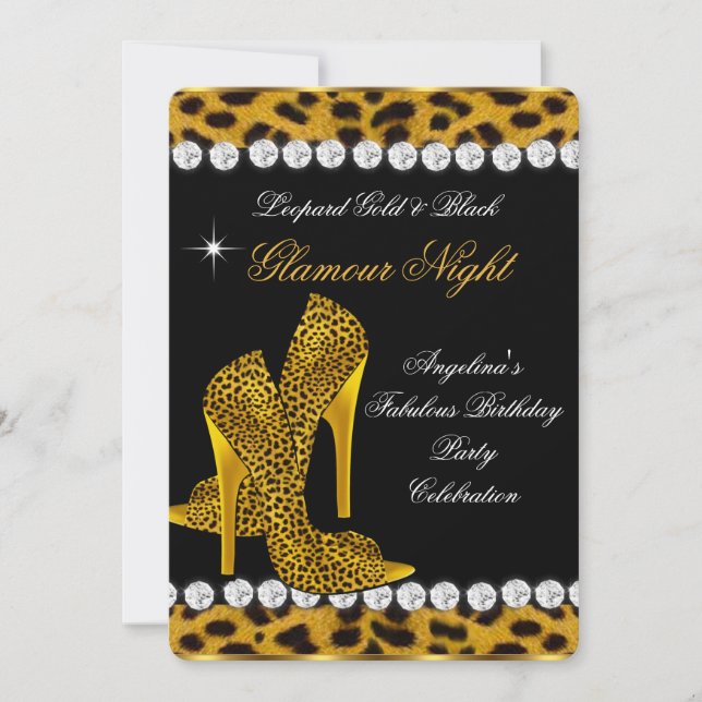 Leopard Guld Svart Glamour Natt Glitter Skor Inbjudningar (Framsida)