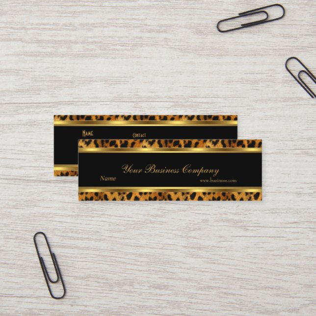 Leopard Guld Svart Rand Elegant Klassisk Slank Mini Visitkort (Fram/Back In Situ)