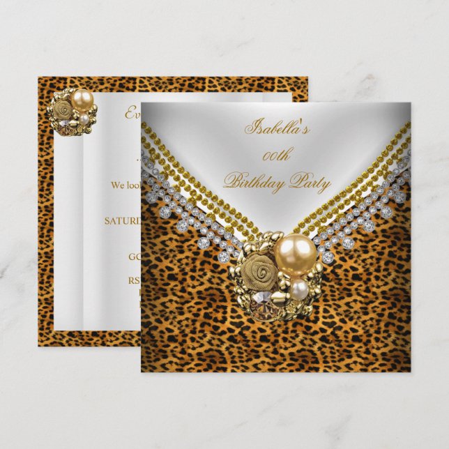 Leopard Guld Svart Vitt Elegant Födelsedagsfest Inbjudningar (Fram/baksida)