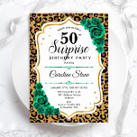 Leopard Guld White Grönt Surprise 50:e födelsedage Inbjudningar<br><div class="desc">Överraskande 50 Födelsedagsfest inbjudan. Feminine emerald grönt design med faux glitter guld. Innehåller djurets cheetah leopard print,  ro,  script font och konetti. Perfekt för en elegants damdag i firande. Kan vara personlig att visa vilken ålder som helst. Skrivna Zazzle-inbjudningar eller digital utskrivbar mall för omedelbar nedladdning.</div>
