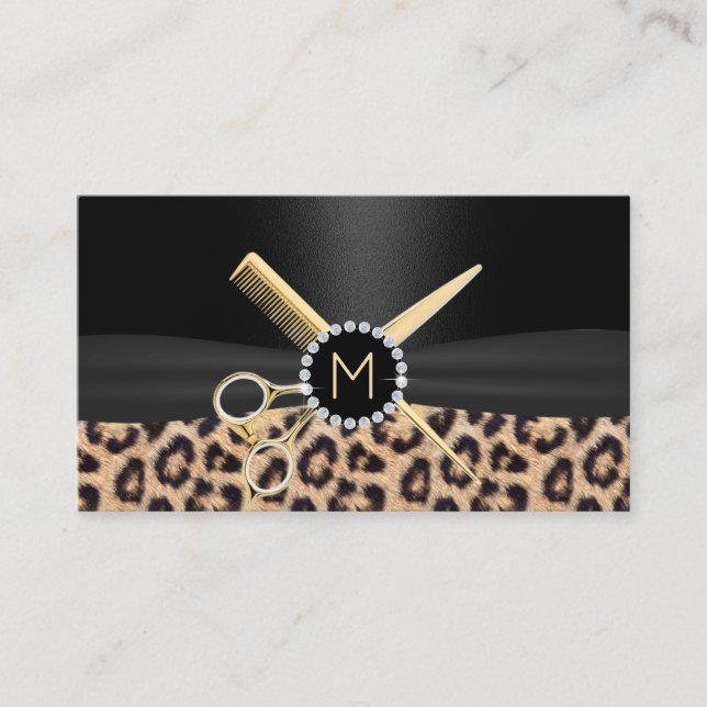 Leopard Hair Stylist Guld Sissor & Comb Luxury Visitkort (Framsida)