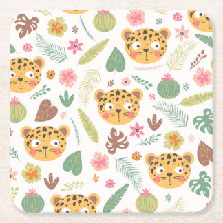 Leopard Head Tropical Plants Mönster Underlägg Papper Kvadrat