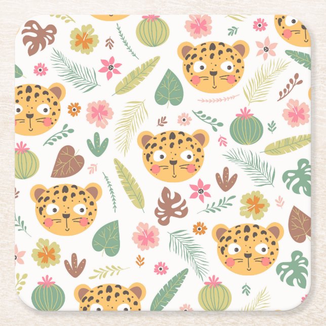 Leopard Head Tropical Plants Mönster Underlägg Papper Kvadrat (Framsidan)