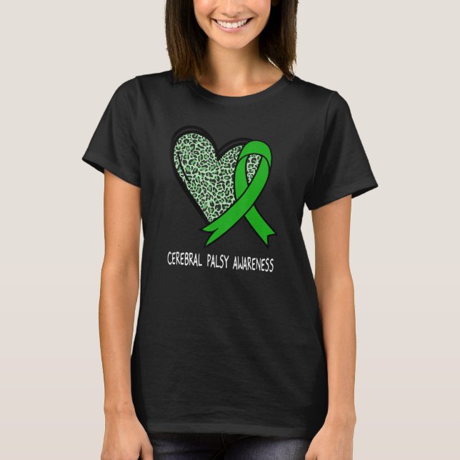 Leopard Heart Cerebral Palsy Awareness Green Ribbo T Shirt (Framsida)