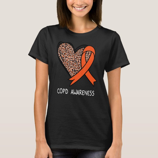 Leopard Heart COPD Awareness Orange Ribbon T Shirt (Framsida)