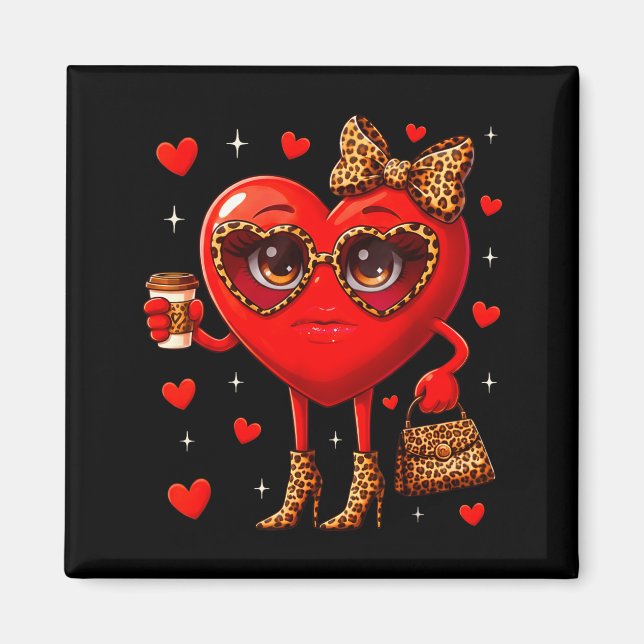 Leopard Heart Drinking Coffee Valentines Day Women Magnet (Framsidan)