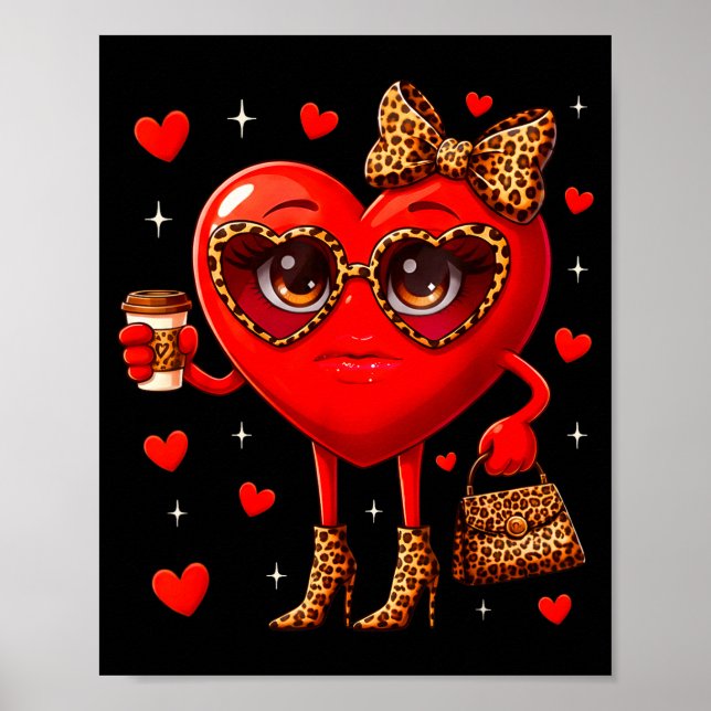 Leopard Heart Drinking Coffee Valentines Day Women Poster (Framsidan)