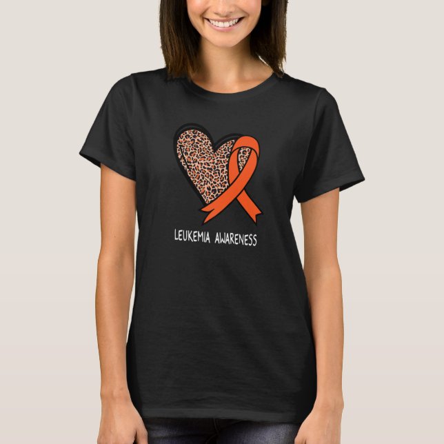 Leopard Heart Leukemia Awareness Orange Ribbon T Shirt (Framsida)