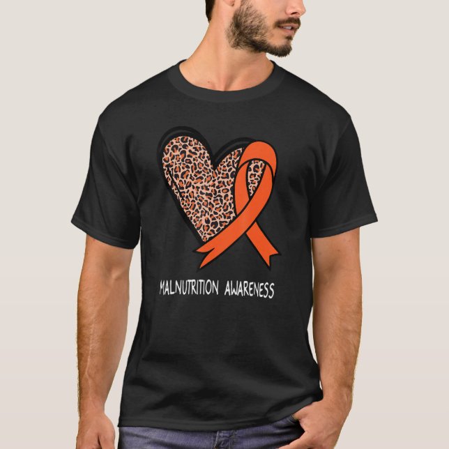 Leopard Heart Malnutrition Awareness Orange Ribbon T Shirt (Framsida)
