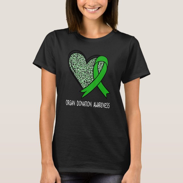 Leopard Heart Organ Donation Awareness Green Ribbo T Shirt (Framsida)