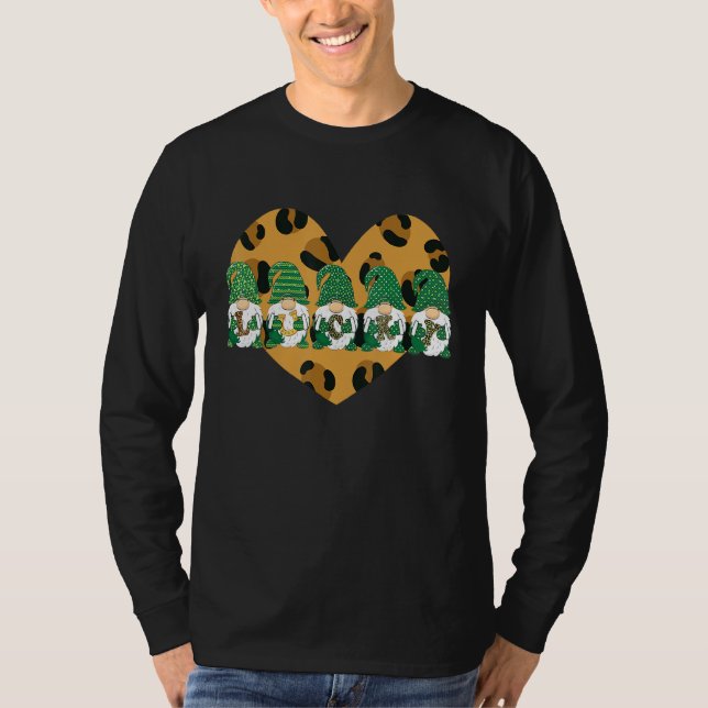 Leopard Heart Play Gnomes St. Patricks Day Shamro T Shirt (Framsida)