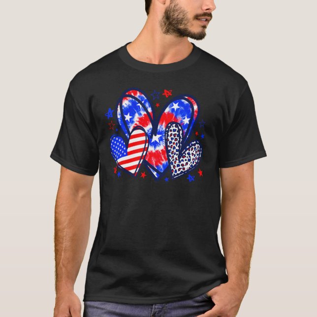 Leopard Heart Rött vitt blått American Flagga 4:e  T Shirt (Framsida)