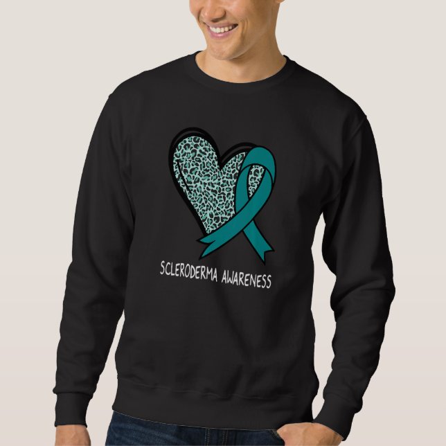 Leopard Heart Scleroderma Awareness Teal Ribbon Lång Ärmad Tröja (Framsida)