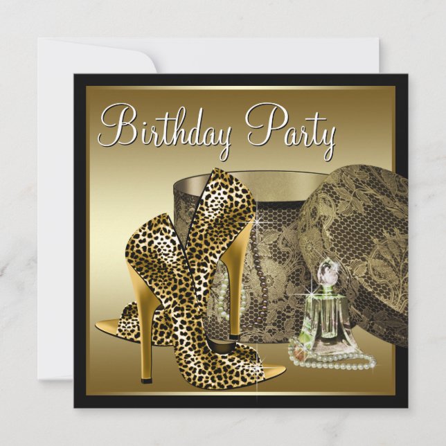 Leopard High Heel Shoes Black Guld Womans Birthday Inbjudningar (Framsida)