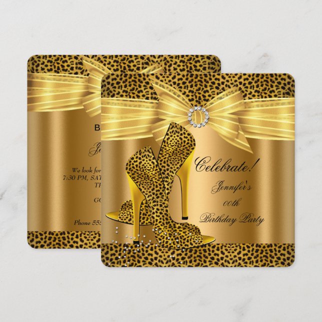 Leopard Höga Klackar Skor Guld Födelsedagsfest Inbjudningar (Fram/baksida)