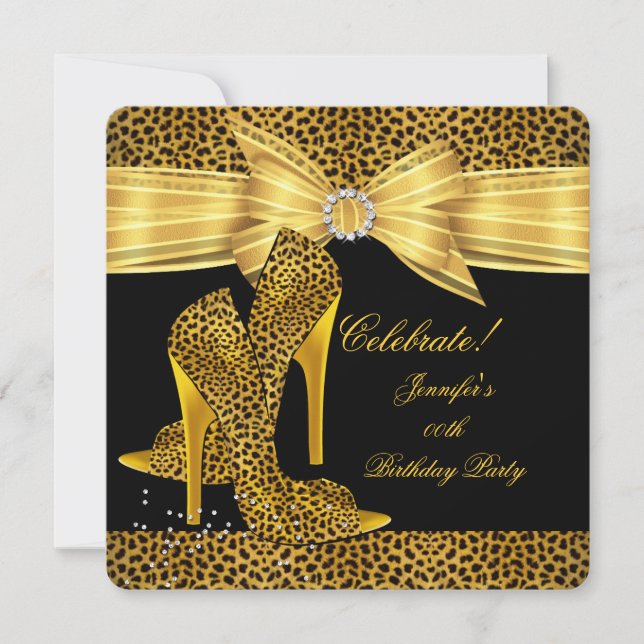 Leopard Höga Klackar Skor Guld Svart Födelsedagsfe Inbjudningar (Framsida)