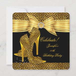 Leopard Höga Klackar Skor Guld Svart Födelsedagsfe Inbjudningar