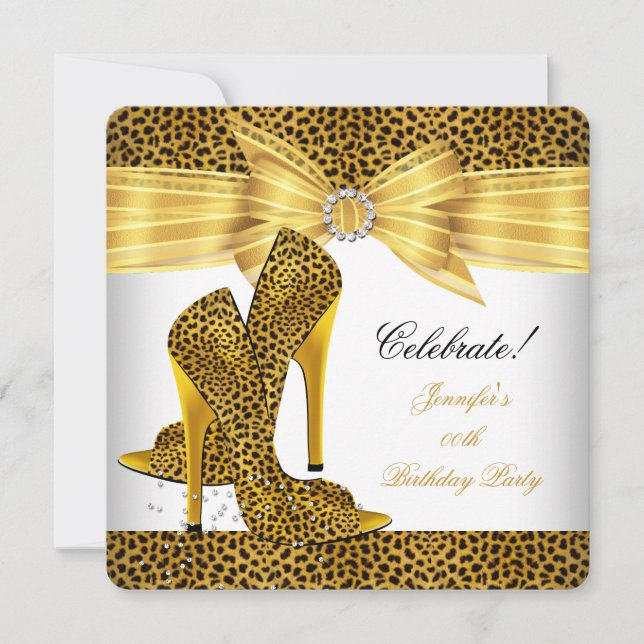 Leopard Höga Klackar Skor Guld Vita Födelsedagsfes Inbjudningar (Framsida)