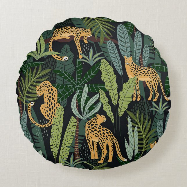 Leopard Jungle Forest Illustration Art Seamless Rund Kudde (Framsidan)