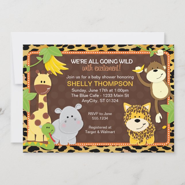 Leopard Jungle Friends Orange Baby Shower Invitati Inbjudningar (Framsida)