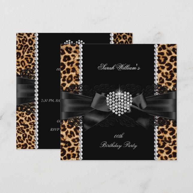 Leopard Lace Diamant Hjärtans Födelsedagsfest Inbjudningar (Fram/baksida)