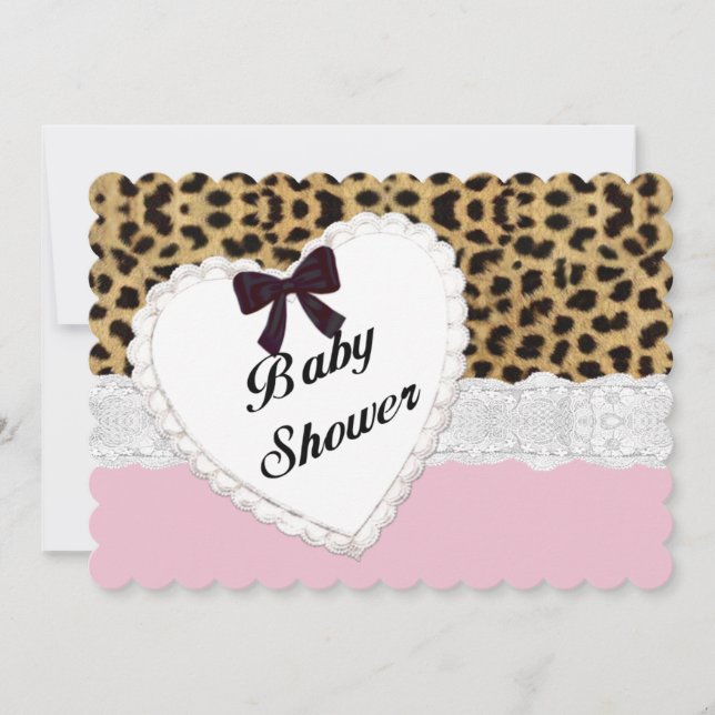 Leopard Lace Hjärt Baby Shower Inbjudan (Framsida)