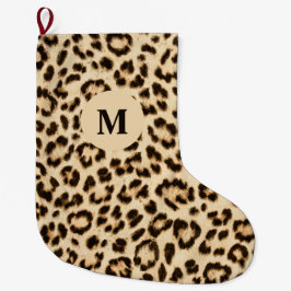 Leopard Leather Print Mönster Monogram Stor Julstrumpa