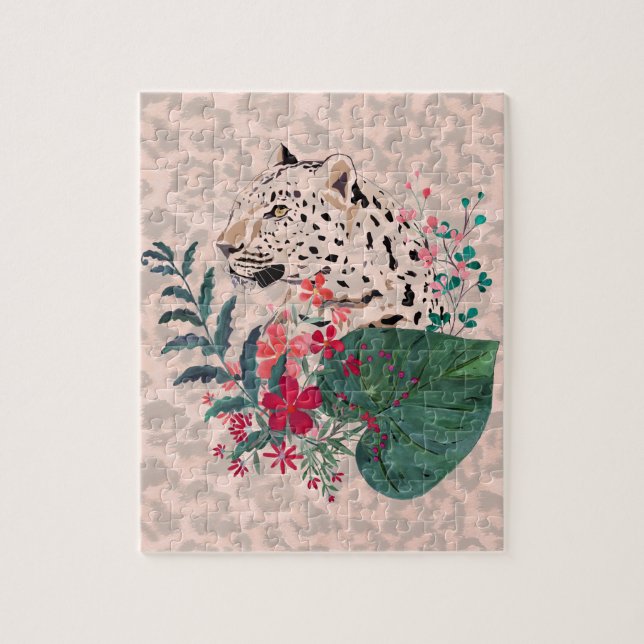 Leopard, leopard muzzle, blommigt, botaniskt pusse pussel (Vertikal)