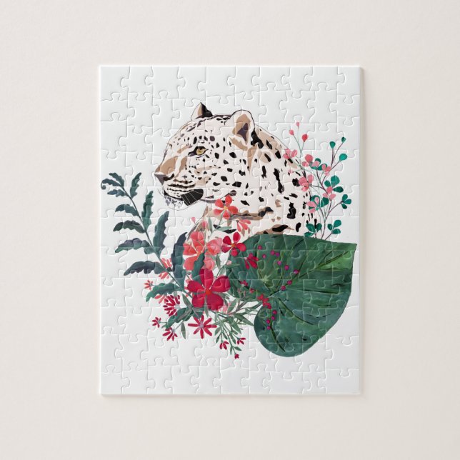 Leopard, leopard muzzle, blommigt, botaniskt pussel (Vertikal)