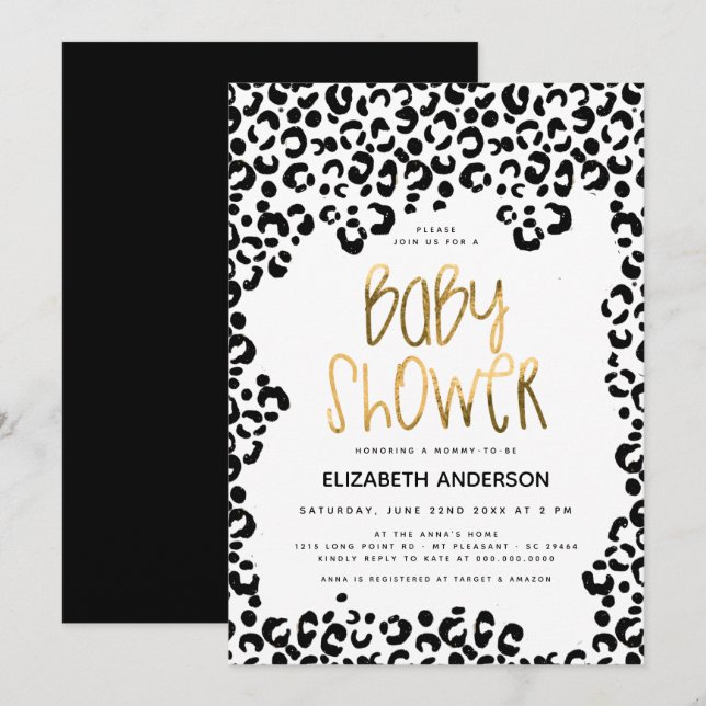 Leopard lilla Vild en safari Guld Baby Shower Inbjudningar (Fram/baksida)
