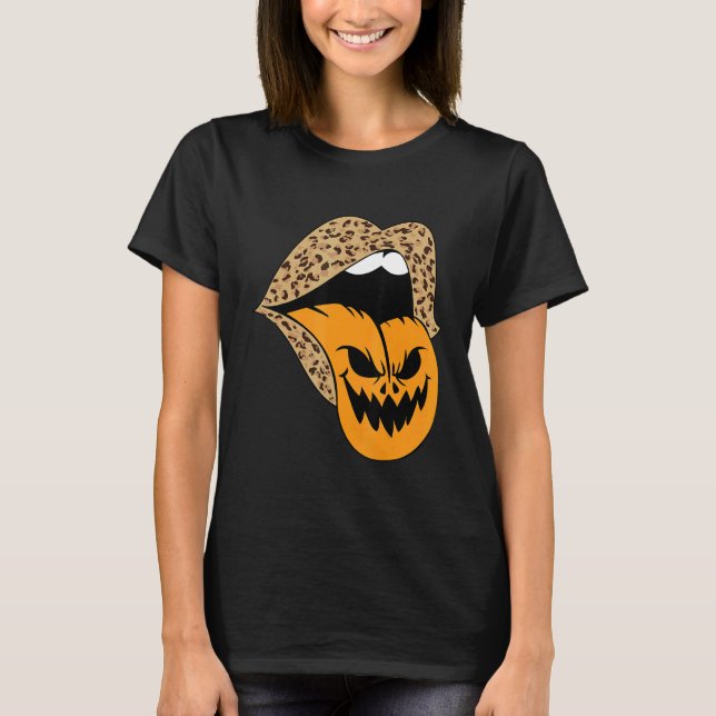 Leopard Lips Halloween Lips Vampire Mouth Pumpkin  T Shirt (Framsida)
