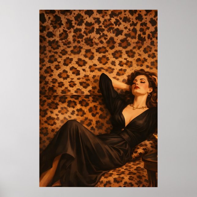 Leopard Lounge Glam Affisch, Elegant Kvinna Martin Poster (Framsidan)