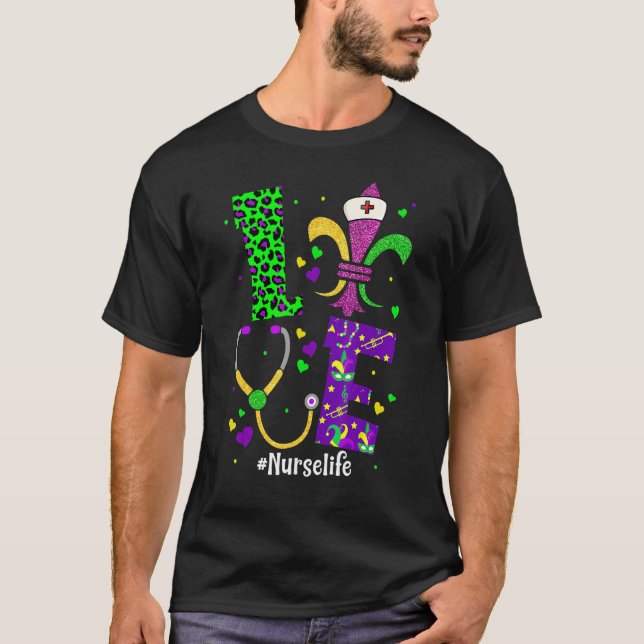 Leopard Love Nurse Life Scrub Nursing Mardi Gras W T Shirt (Framsida)