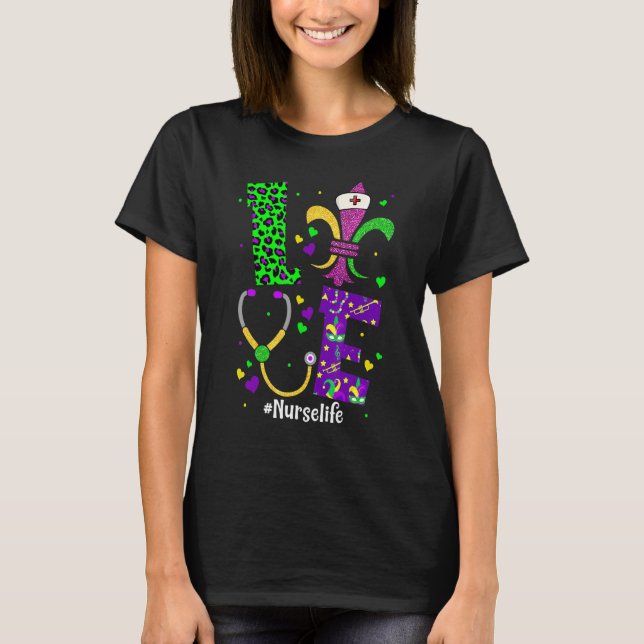 Leopard Love Nurse Life Scrub Nursing Mardi Gras W T Shirt (Framsida)