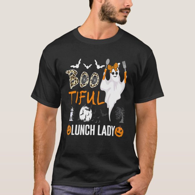 Leopard Lunch Dam Halloween School Cafeteria Work T Shirt (Framsida)