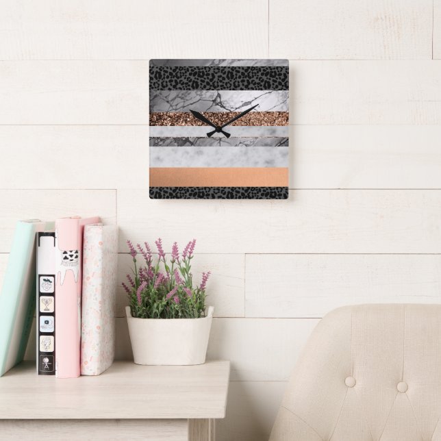 Leopard Marble Glitter Ränder Glam 3 Fyrkantig Klocka (Läsesal)