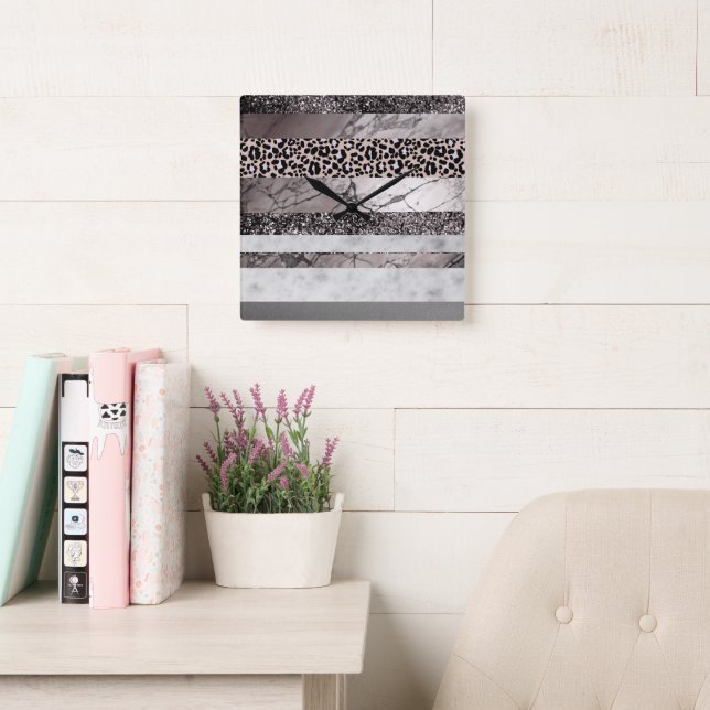 Leopard Marble Glitter Stripes Glam 1 Fyrkantig Klocka (Läsesal)