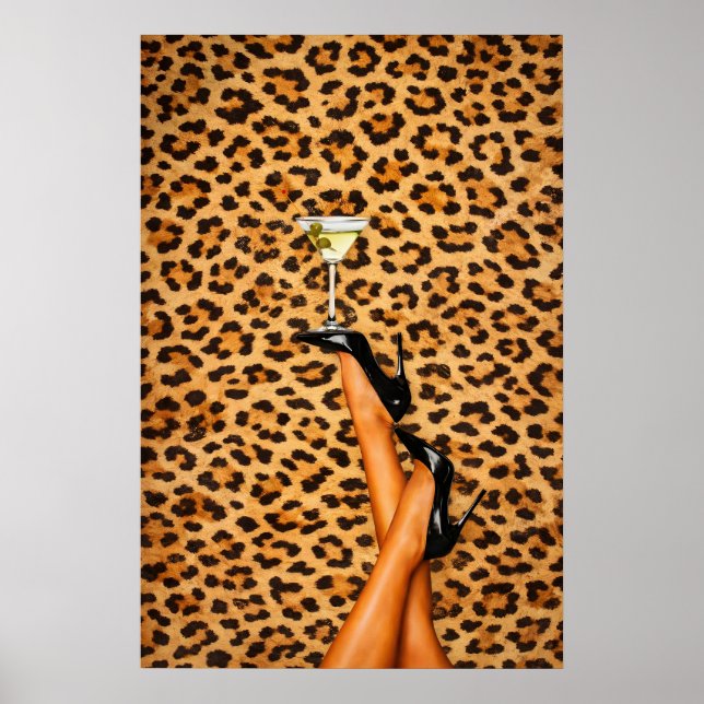 Leopard Martini Affisch, Glam Fashion Väggkonst (Framsidan)