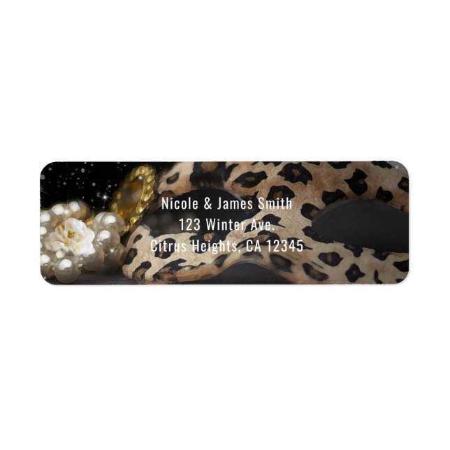 Leopard Maskeradmask & Pärlor Festinladan Returadress Etikett (Framsidan)