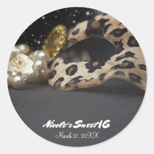 Leopard Masquerade Mask & Pärlor Party Favor Runt Klistermärke