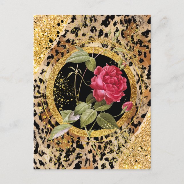 leopard med ro och guld glitter vykort (Framsida)