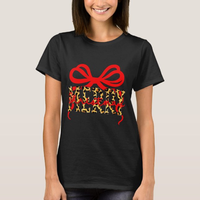 Leopard Merry Christmas Coquette Bow Xmas Holiday  T Shirt (Framsida)