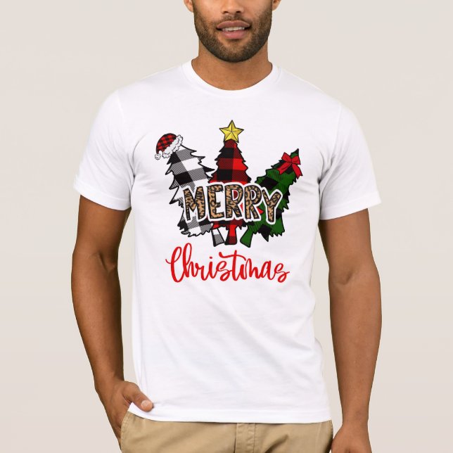 Leopard Merry Christmas Tree Buffalo Plaid T Shirt (Framsida)