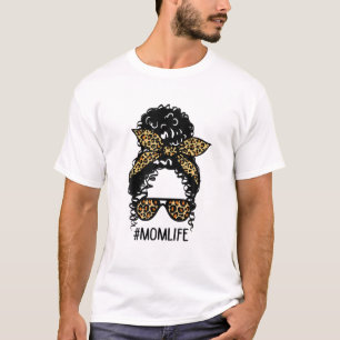 Leopard Messy Bun Black Women Mamma Life T Shirt