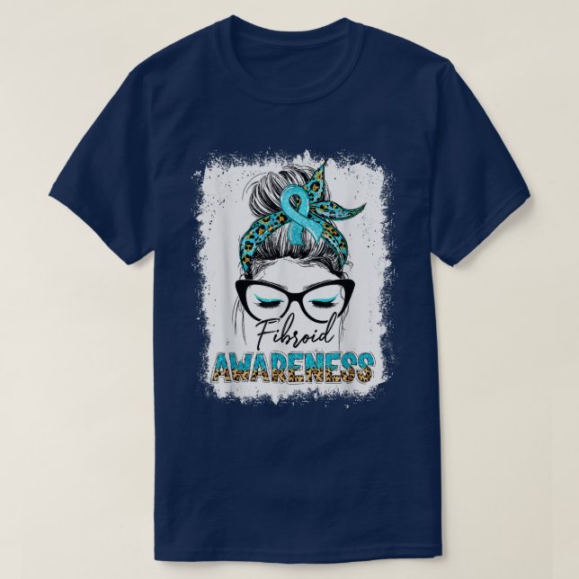 Leopard Messy Bun Fibroid Awareness Teal Ribbon  T Shirt (Design framsida)