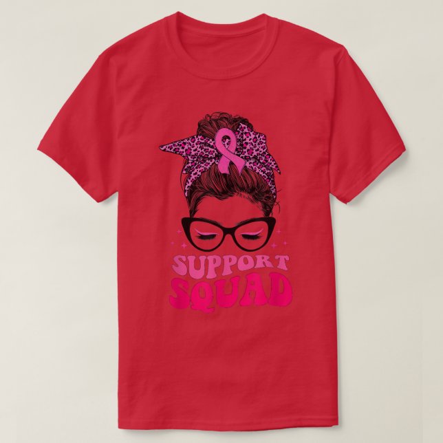 Leopard Messy Bun Rosa Ribbon Support Squad Breast T Shirt (Design framsida)